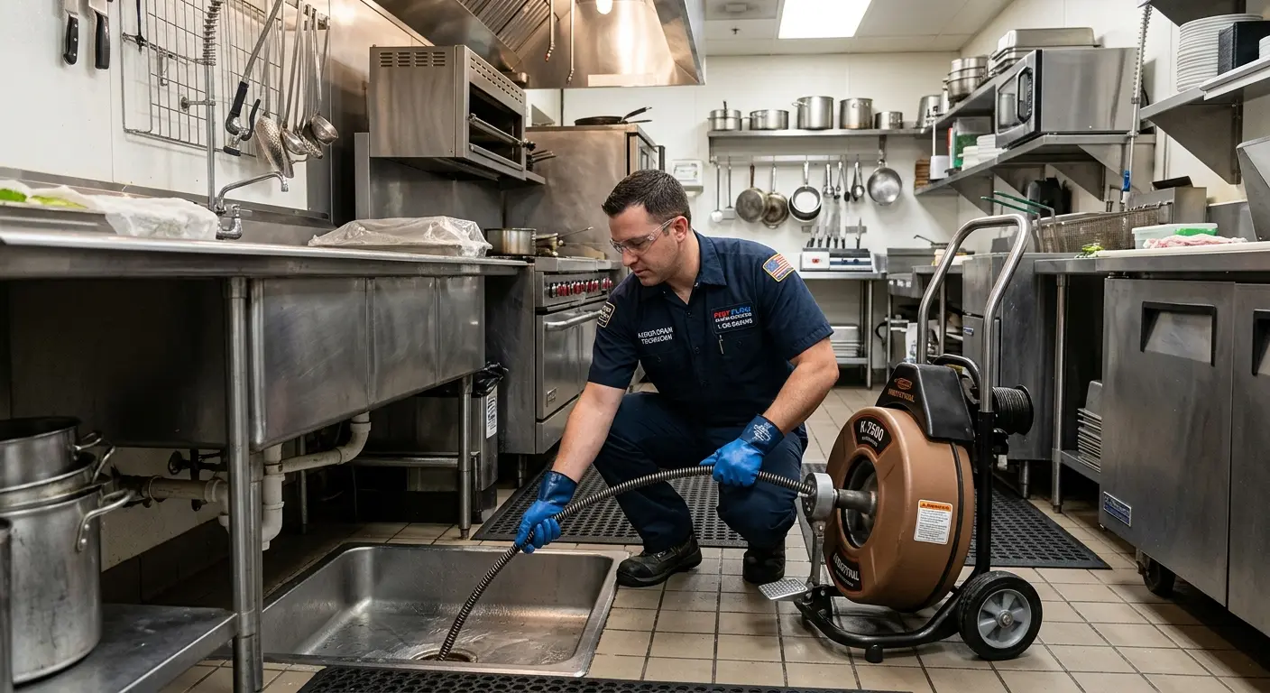 Commercial drain cleaning service in a restaurant kitchen in Tittabawassee