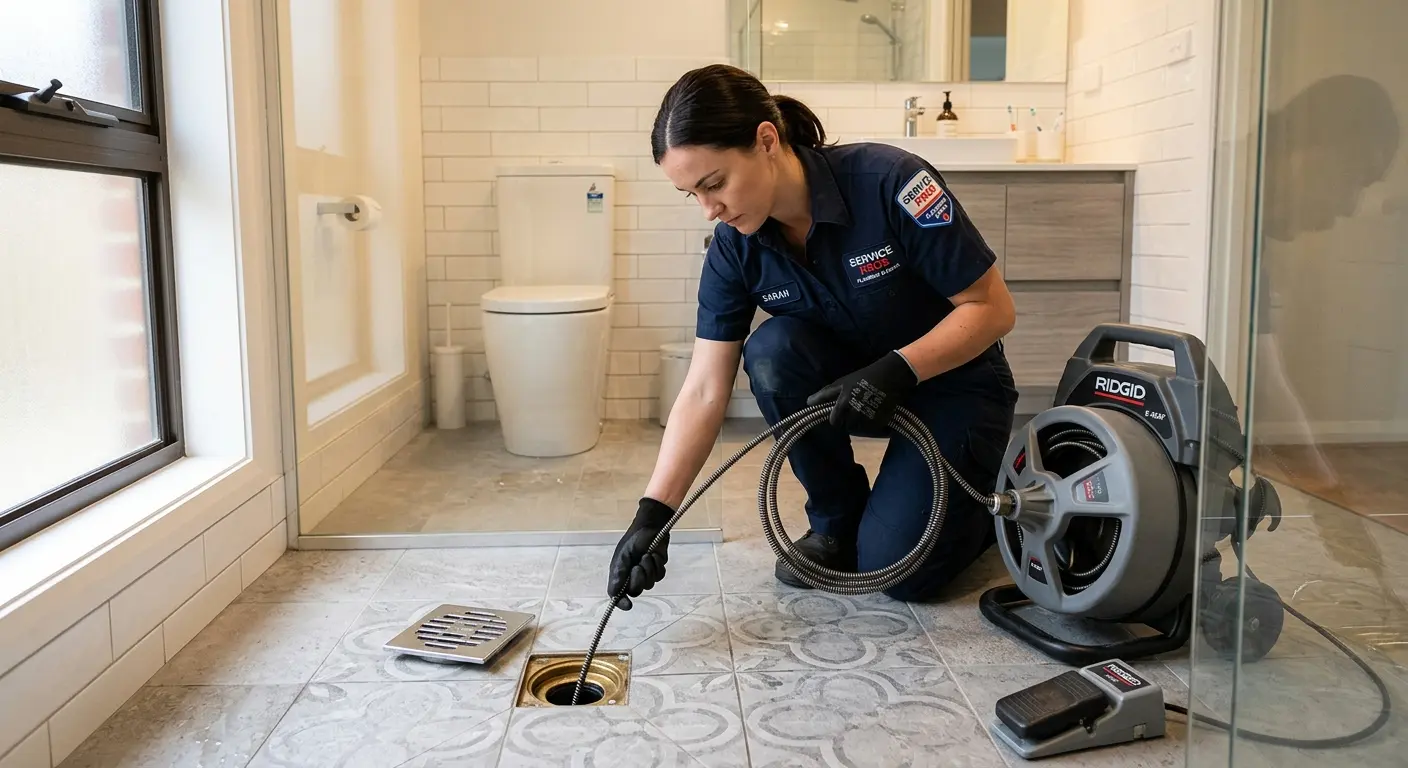 Technician clearing a bathroom floor drain for Sewer Line Replacement in Tittabawassee